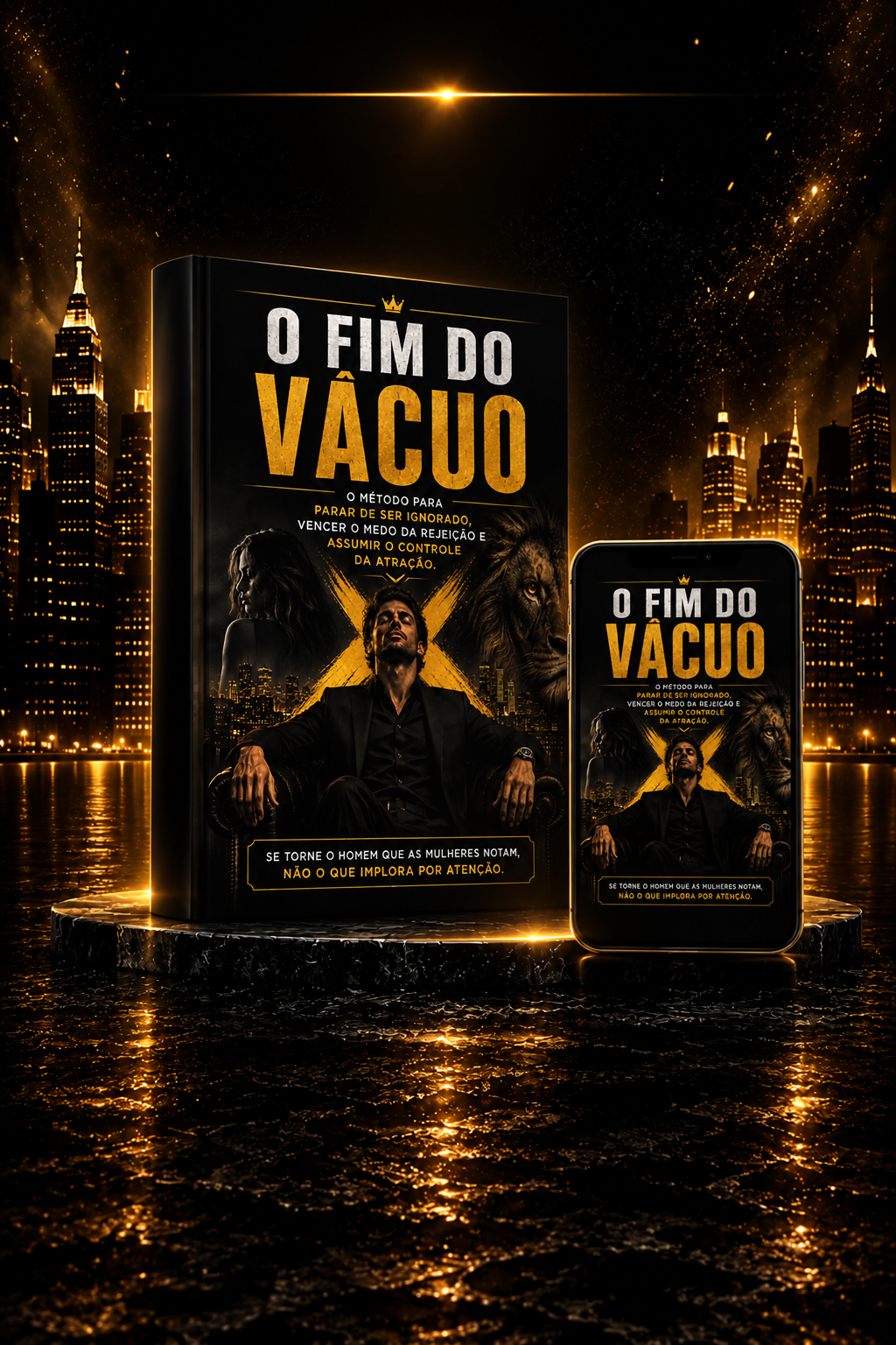 eBook O Fim do Vácuo em destaque sobre a cidade à noite
