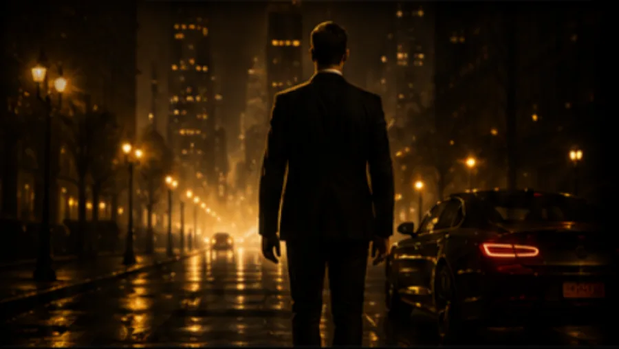 Homem a caminhar sozinho numa rua à noite, iluminado por luzes douradas